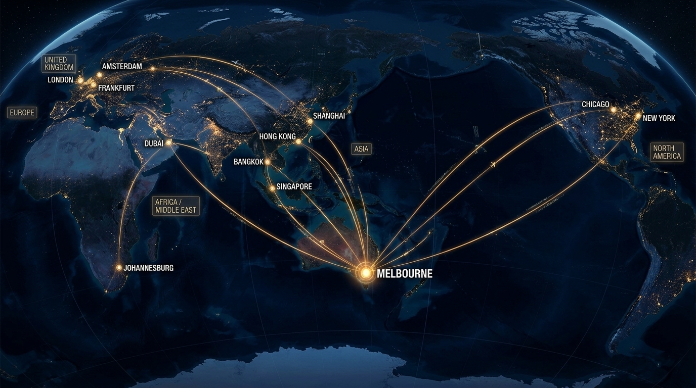 World map showing consolidation origin hubs connected to Melbourne, Australia.